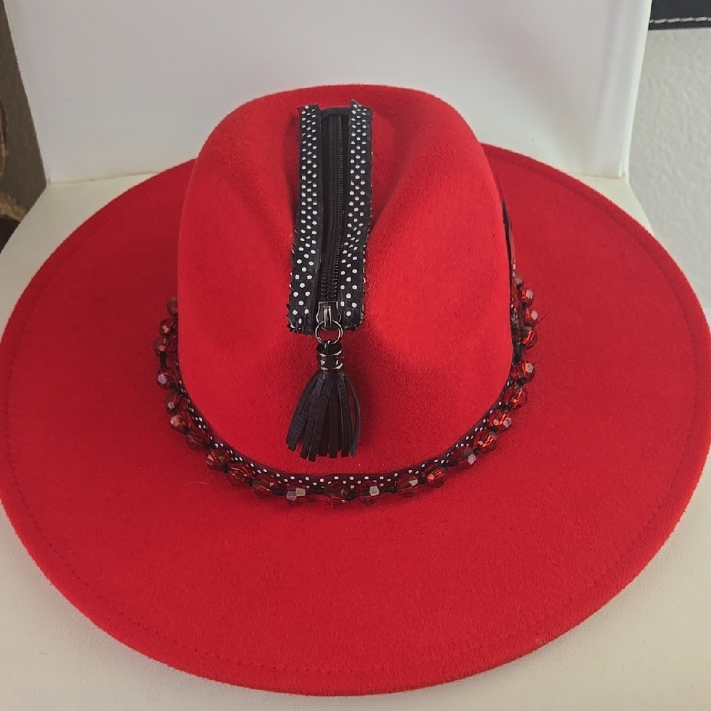 Red Women's Hat with Beaded Band